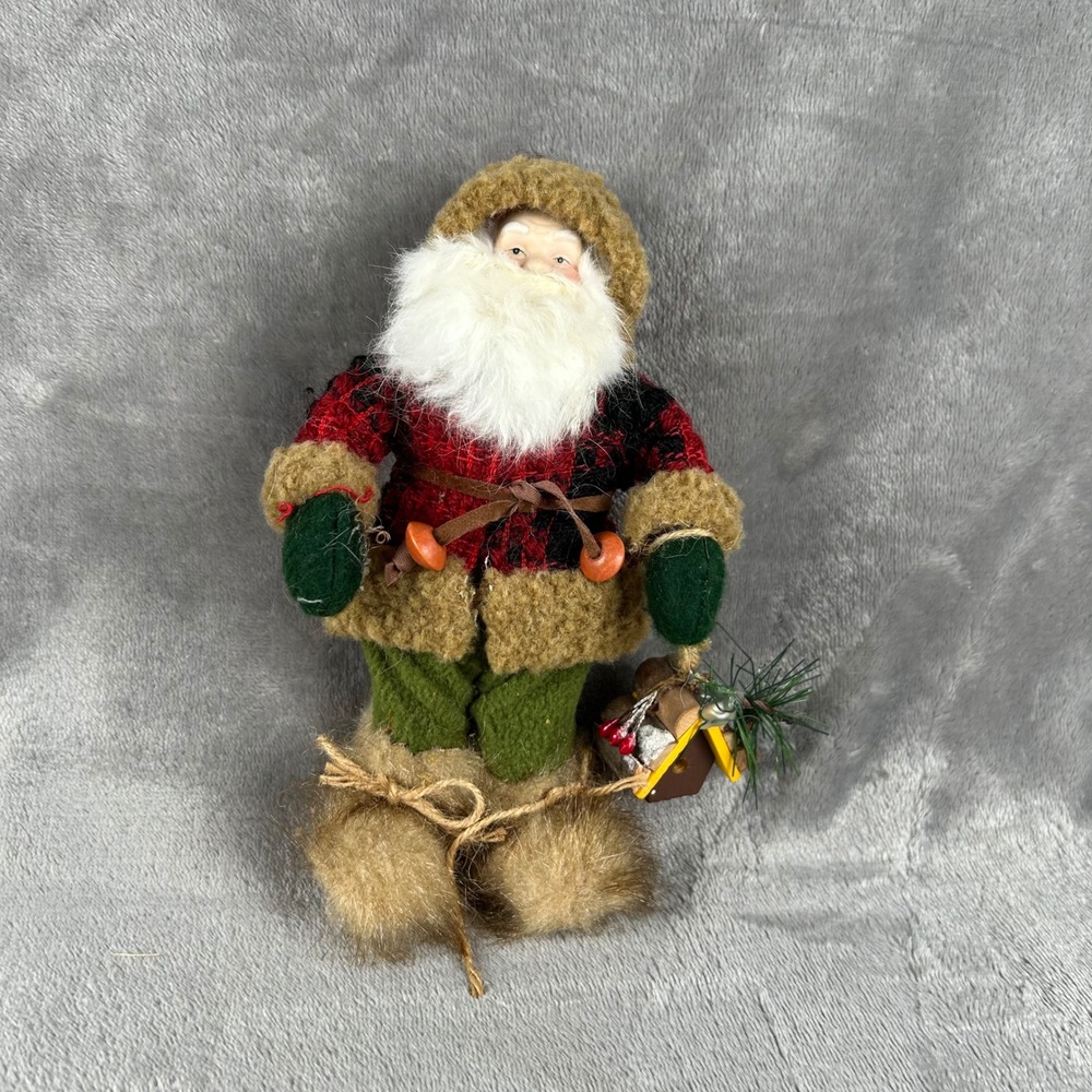 Rustic Woodland Santa Claus Figurine Buffalo Plaid Birdhouse Christmas Decor 8"